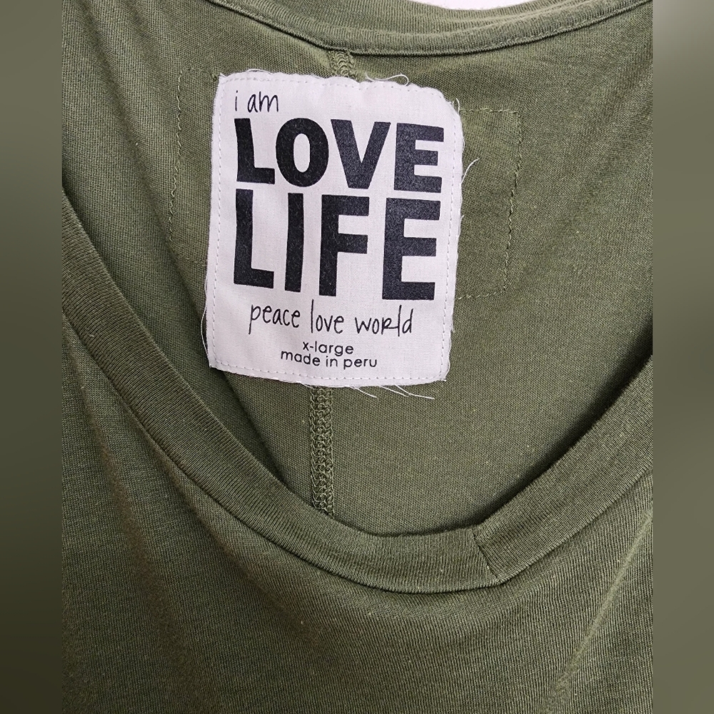 Peace Love World Olive Green Long Sleeve Tee with White Hamsa Hand Design SZ XL - Picture 4 of 9